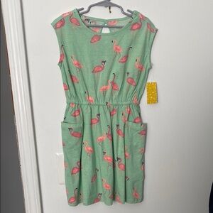 Flamingo Print Green Kids Dress -100%cotton